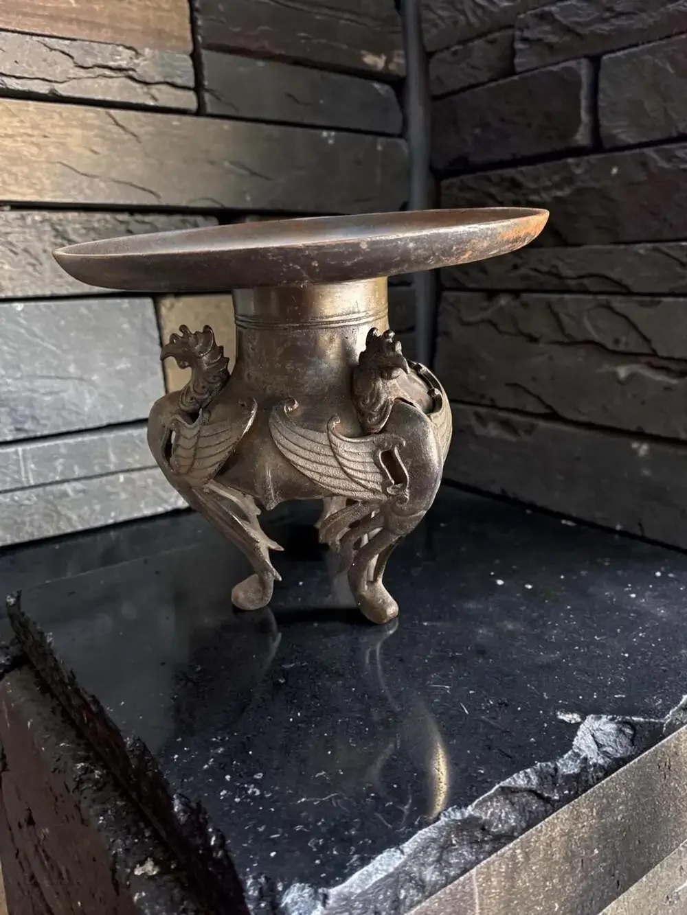Antique Japanese Bronze Usubata Ikebana Flower Vase with Phoenix Legs